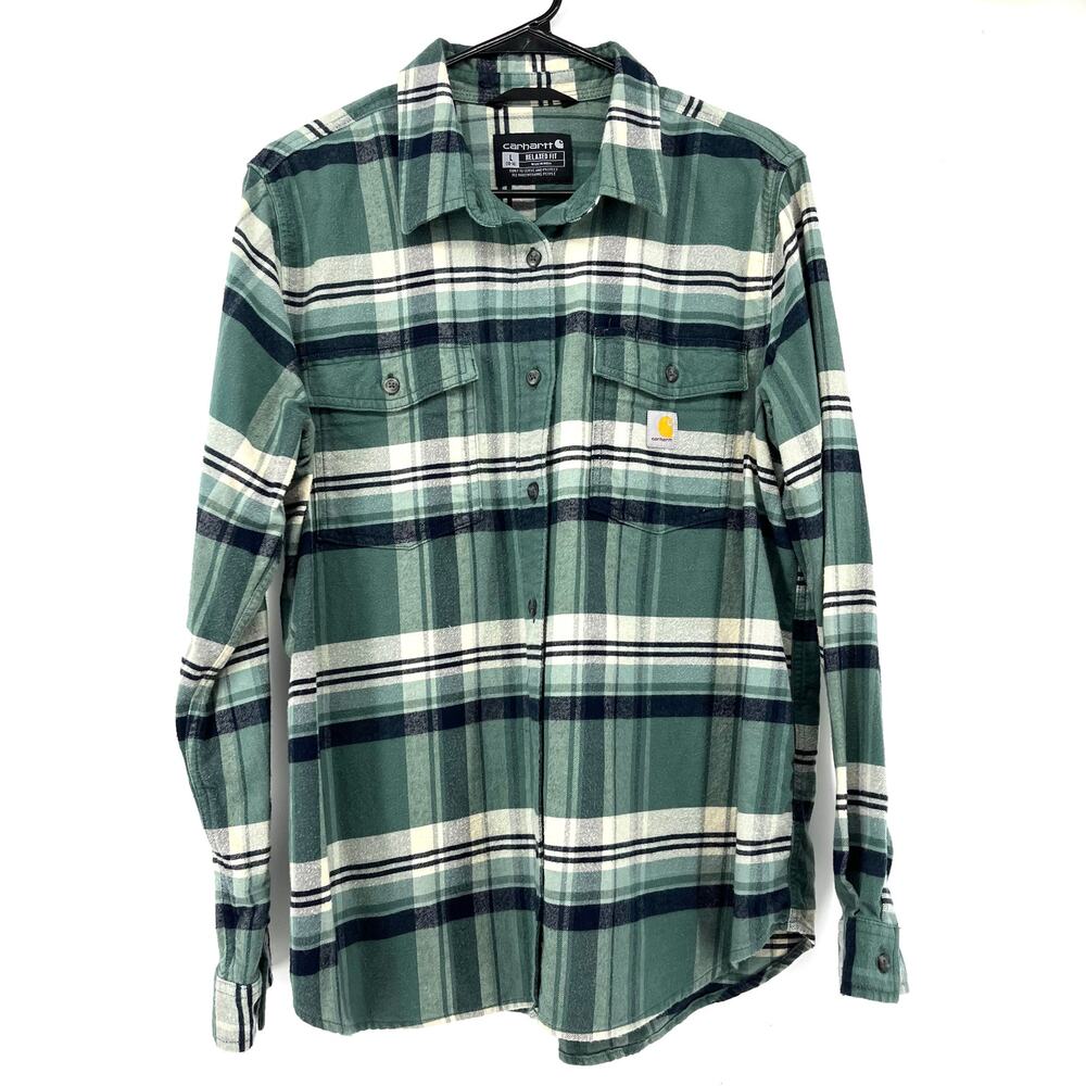 Carhartt Unisex Green Plaid Soft Cotton Flannel Button Front Collared Shirt (M)